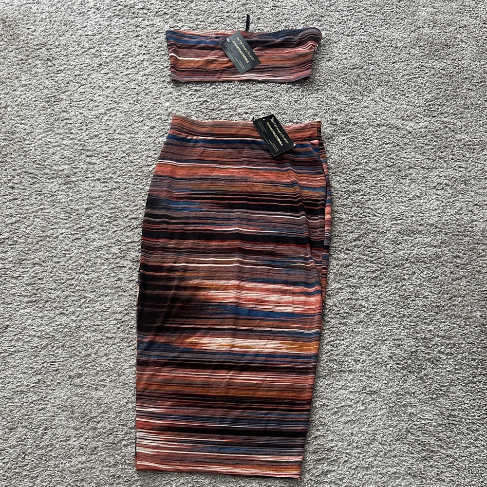 Striped Two Piece Skirt Set Bodycon Midi Skirt & Tube Top Vacation Set
